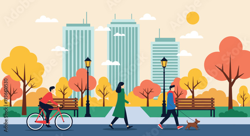 People walking cycling and dog walking in autumn city park with skyline urban lifestyle flat vector illustration