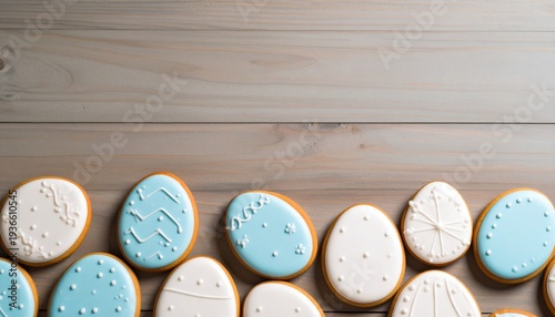  Easter cookies over wooden background with copy space 