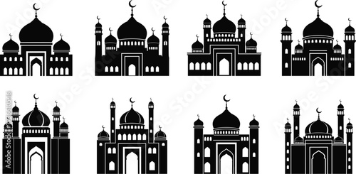 Islamic mosque silhouettes collection with domes minarets and crescent symbols, Arabic architecture religious buildings black vector illustration set