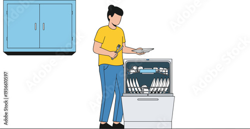 Woman loading dishes into dishwasher kitchen cleaning household chore vector illustration