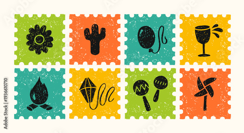 Festa Junina carnival icons with crayon texture of summer festival in square frames. Party posters with air balloon, bonfire, wine glass and flowers, cactus, drawn with black chalk, vector illustratio
