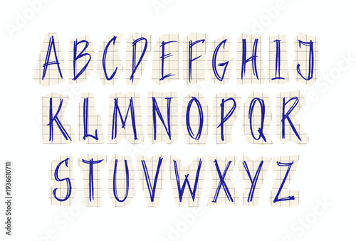 Typography scrapbook blue font with scribble alphabet. Modern abstract typeface design with letters in crayon style. Set of English alphabet, school kid vector illustration