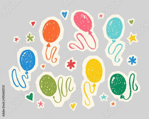 Set cartoon balloons for birthday party. Red, yellow, green, blue helium balloons with hearts and flowers with chalk texture, vector sketch crayon illustration