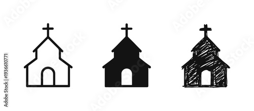 Church building icon set in outline, solid, and hand-drawn doodle style. Religious and spiritual symbol collection.