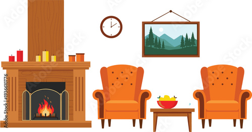 Cozy living room interior with fireplace armchairs coffee table and wall decor vector illustration