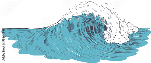 Hand drawn blue ocean wave vector illustration with splashing water for summer surfing and nature travel design
