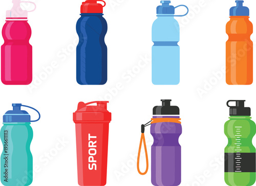 Colorful reusable sport water bottles collection plastic drink bottle vector illustration set