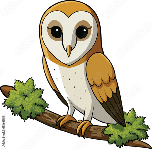 A captivating portrait of a Barn Owl, perched on a moss-covered branch, takes center stage. The owl, facing the viewer directly, showcases its heart-shaped facial disc, bright black eyes, and a slight