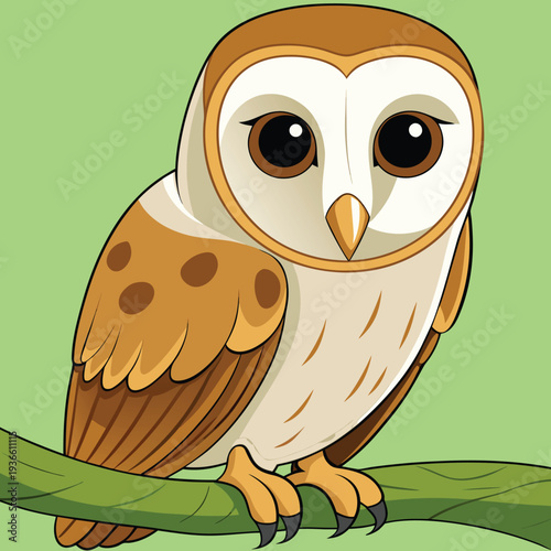 A captivating portrait of a Barn Owl, perched on a moss-covered branch, takes center stage. The owl, facing the viewer directly, showcases its heart-shaped facial disc, bright black eyes, and a slight