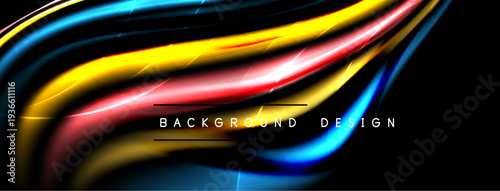 Abstract colorful waves, dynamic lines, bright illumination. Black background emphasizes vibrant design elements, modern aesthetic.