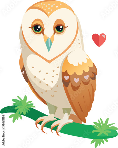 A captivating portrait of a Barn Owl, perched on a moss-covered branch, takes center stage. The owl, facing the viewer directly, showcases its heart-shaped facial disc, bright black eyes, and a slight
