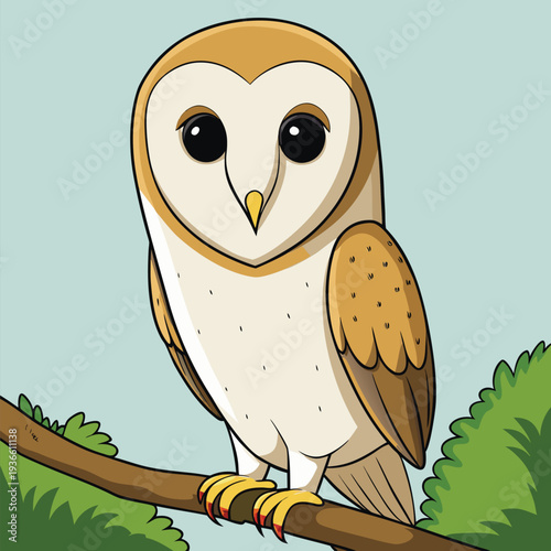 A captivating portrait of a Barn Owl, perched on a moss-covered branch, takes center stage. The owl, facing the viewer directly, showcases its heart-shaped facial disc, bright black eyes, and a slight