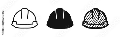 Construction Hard Hat Icon Set in Outline, Solid, and Doodle Styles - Safety Helmet Symbols for Industrial Protection