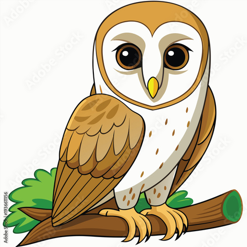 A captivating portrait of a Barn Owl, perched on a moss-covered branch, takes center stage. The owl, facing the viewer directly, showcases its heart-shaped facial disc, bright black eyes, and a slight