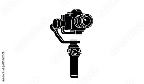 Black and white illustration of a camera on a gimbal stabilizer for smooth video recording