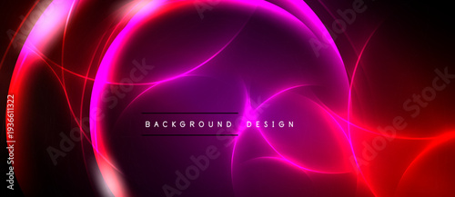 Abstract neon lights create vibrant curves, gradients. Dark background emphasizes glowing shapes, modern design elements.