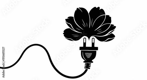 Blooming flower with electrical plug symbolizes clean energy and nature's power