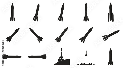 Collection of black rocket silhouettes in various positions, including standing, launching, and flying, against a white background.