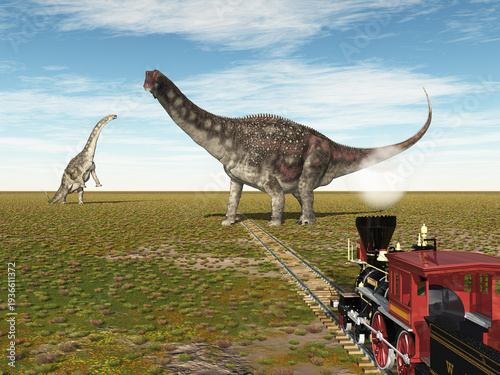 Lokomotive, Schienenstrang und der Dinosaurier Diamantinasaurus in einer Landschaft