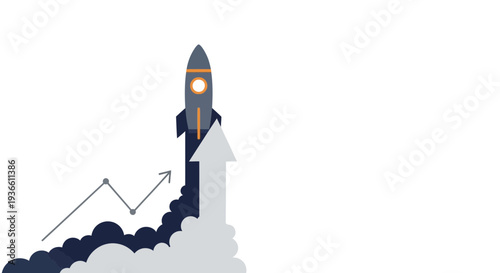 A stylized illustration of a rocket launching upwards with an accompanying upward-trending line graph, symbolizing business growth and success.