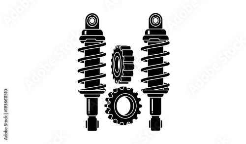Black and white illustration of motorcycle suspension parts and gear