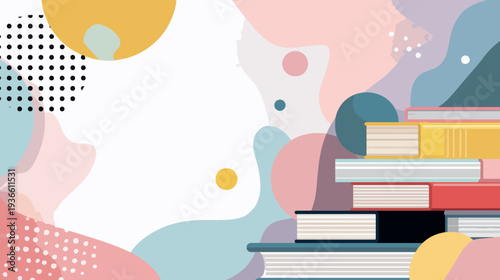 Stack of Books with Abstract Pastel Shapes Background, Education Vector Banner