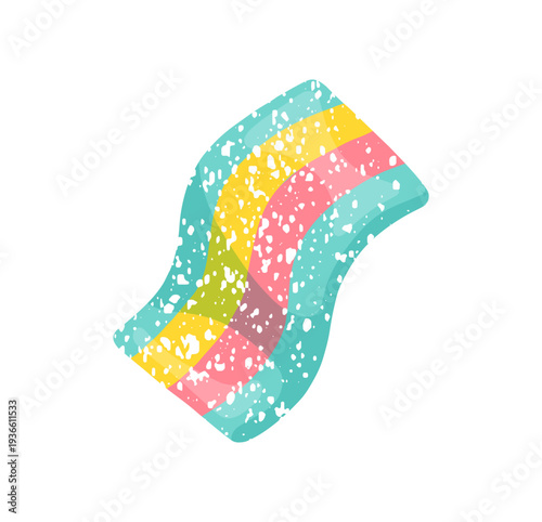 Sour gummy strip icon. Colourful jelly candy. Rainbow chewing marmalade with powdered sugar. Gelatin treat with fruit flavour, confectionery. Flat isolated vector illustration on white background
