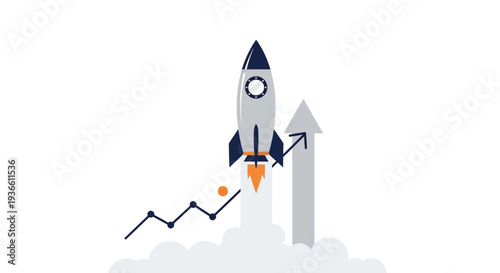 A stylized illustration of a rocket launching upwards, symbolizing business growth and success with an accompanying upward trend graph and arrow.
