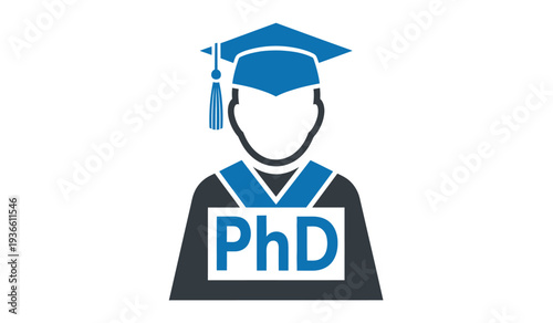 A blue and black icon of a person wearing a graduation cap and gown with a phd sign on the chest