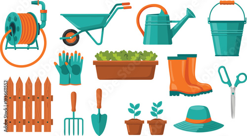 Gardening tools set with watering can wheelbarrow gloves boots and garden equipment vector illustration