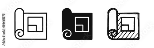 Blueprint and Architectural Plan Icon Set - Engineering Drawing Scroll Symbols in Outline, Solid, and Sketchy Styles