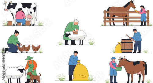 Farmers caring for farm animals cow sheep horse chickens and livestock farming activities vector illustration set