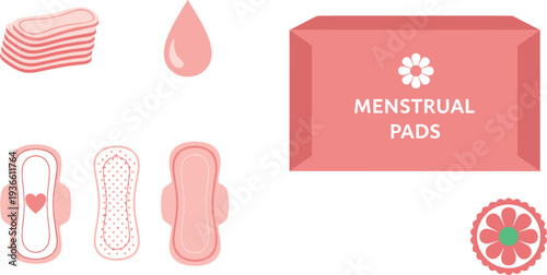 Menstrual pads feminine hygiene products flat vector illustration with sanitary napkins packaging blood drop and women health concept