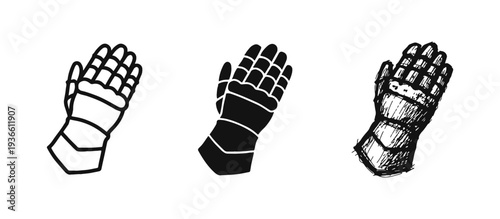 Knight Gauntlet Icon Set in Outline, Solid, and Sketchy Styles - Medieval Armor Glove Symbols for Protection and Combat