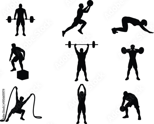 Fitness and sports training silhouettes set with weightlifting, basketball workout, push up exercise, battle rope training and functional fitness posesFitness 