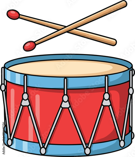 Classic marching snare drum with drumsticks musical percussion instrument flat vector illustration
