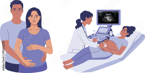 Professional obstetrician performing ultrasound on a pregnant woman with supportive partner present for maternal healthcare checkup
