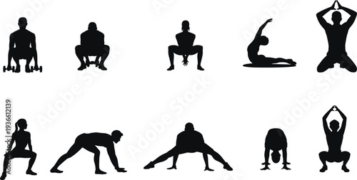 Fitness workout and yoga exercise silhouettes set with stretching squats training and meditation poses isolated on white background