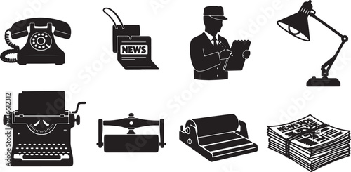 Black Solid 1930s Newsroom Office Silhouettes Set of Six on White Background