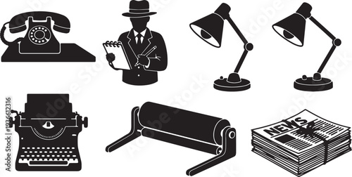 Black Solid 1930s Newsroom Office Silhouettes Set of Six on White Background