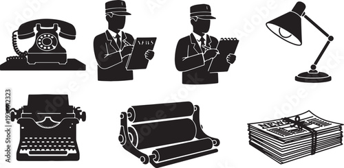 Black Solid 1930s Newsroom Office Silhouettes Set of Six on White Background