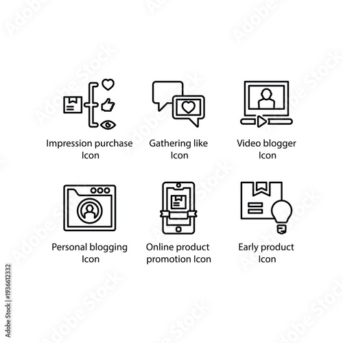 Impression purchase, Gathering like, Video blogger, Personal blogging, Product promotion, Early product, icon