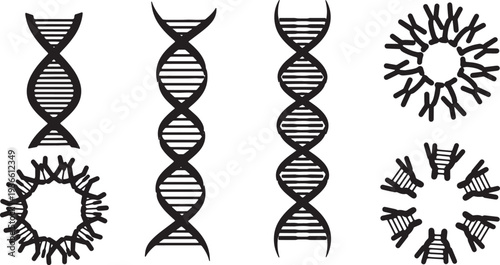 Black Solid Abstract DNA Loop Silhouettes Set of Six on White Background