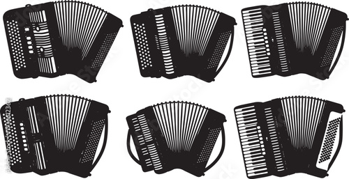 Black Solid Accordion Silhouettes Set of Six on White Background