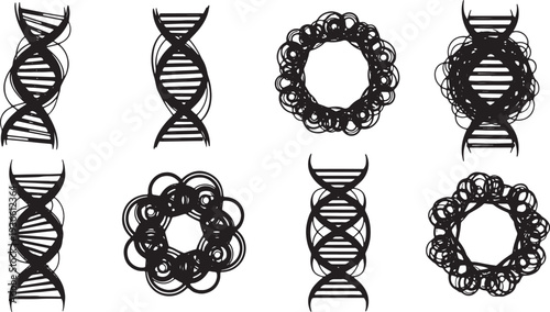 Black Solid Abstract DNA Loop Silhouettes Set of Six on White Background