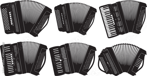 Black Solid Accordion Silhouettes Set of Six on White Background