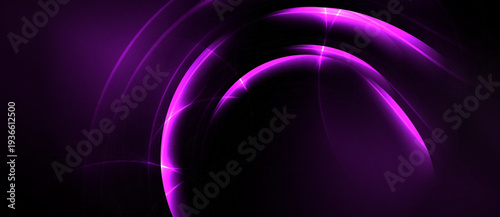 Abstract purple design features curved lines, glowing effects, dark background. Minimalist, modern aesthetic creates dramatic visual impact.
