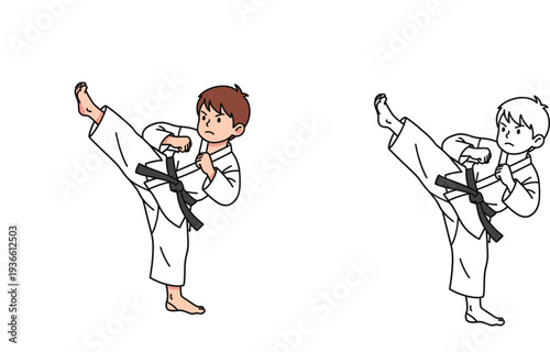 Cute little boy doing a high martial arts kick. Cartoon kid in karate or taekwondo uniform with black belt. Includes colored illustration and black and white line art coloring page.