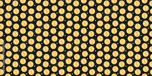Seamless pattern with gold dollar coins and tiny dots on black background for finance