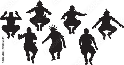 Black Solid African Adumu Dance Silhouettes Set of Six on White Background